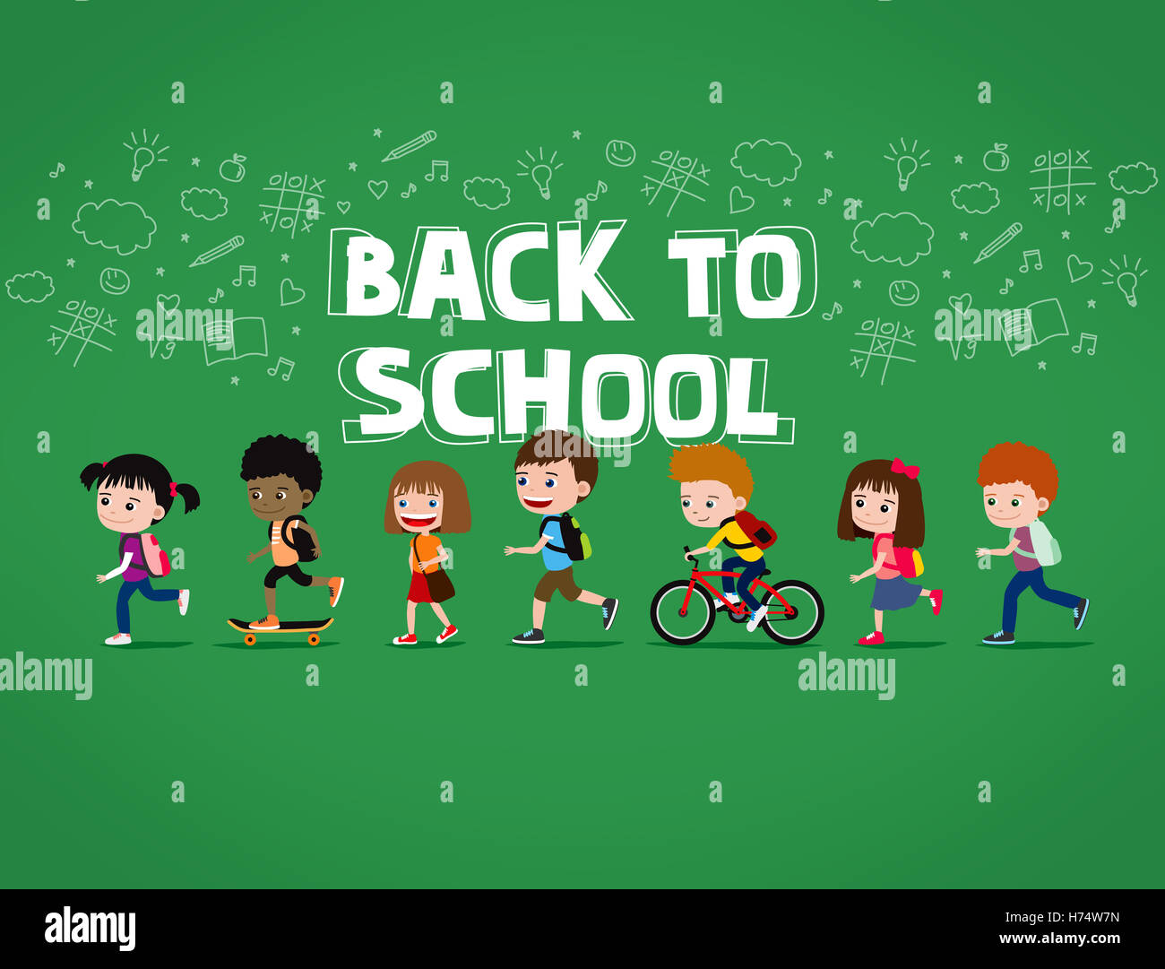 Back to school illustration: group of happy cartoon children walking with backpacks, on green background with doodles Stock Photo