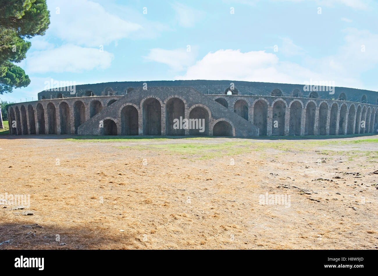 The Roman amphitheater of Pompeii is the oldest surviving, it was buried by the eruption of Vesuvius, Italy. Stock Photo