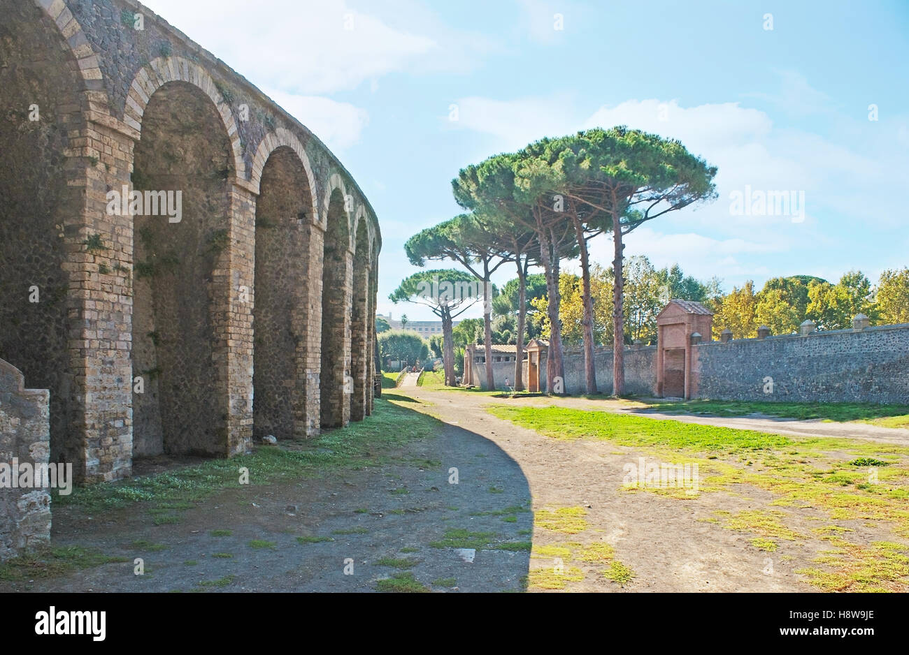 The square between the wall of the ancient Amphitheater and Palaestra (area for athletics), Pompeii, Italy. Stock Photo