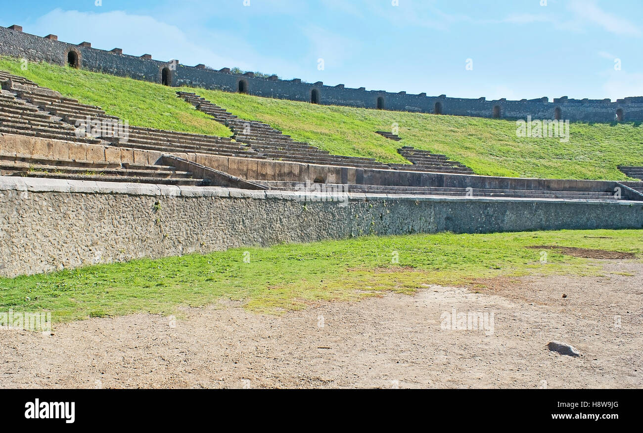 The arena of the oldest Amphitheater, preserved in excavated Pompeii and used for Gladiators' contests, Italy. Stock Photo