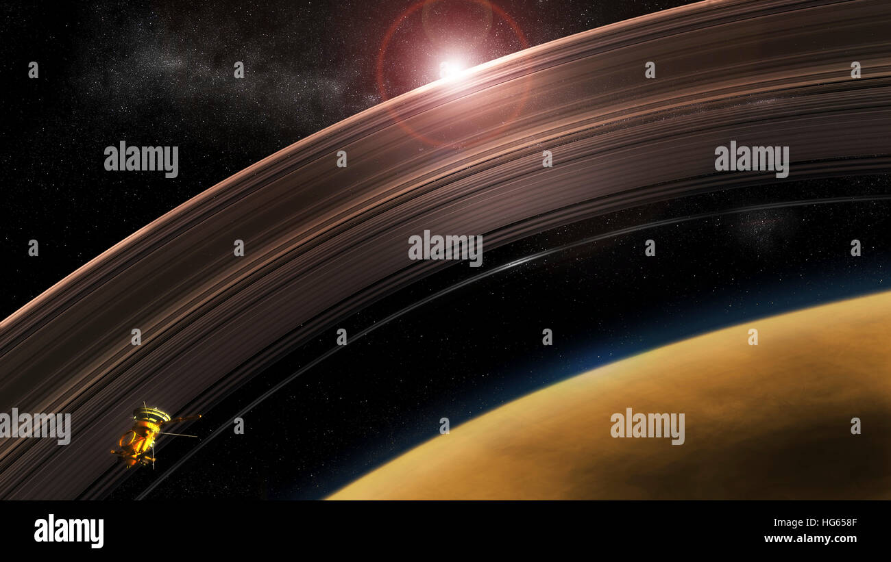 Cassini flies high risk orbits between Saturn's rings and the planet itself. Stock Photo