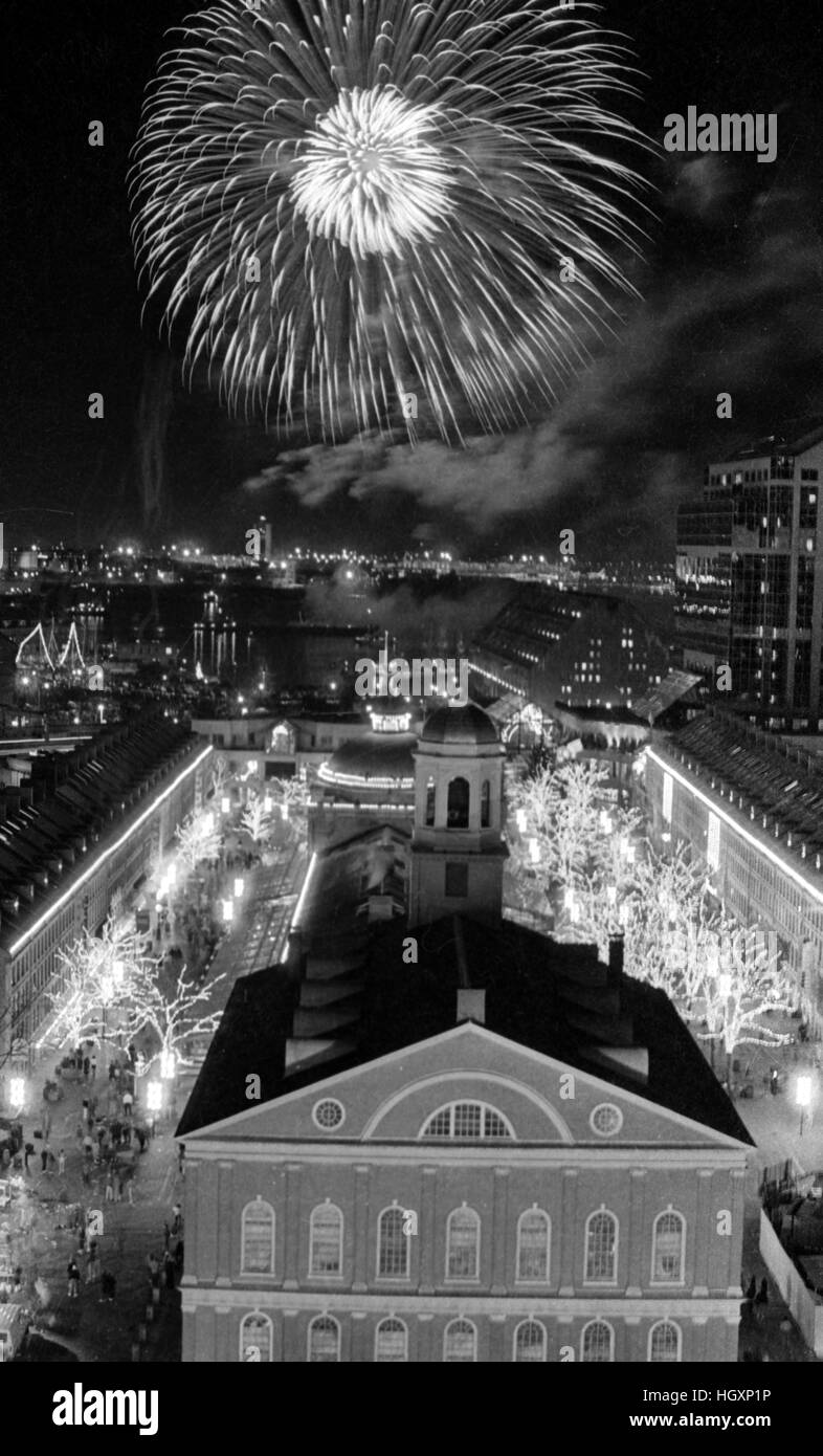 Fire works over Faneuil Hall and Boston Harbor New Year's Jan 1 1987 photo by bill belknap Stock Photo