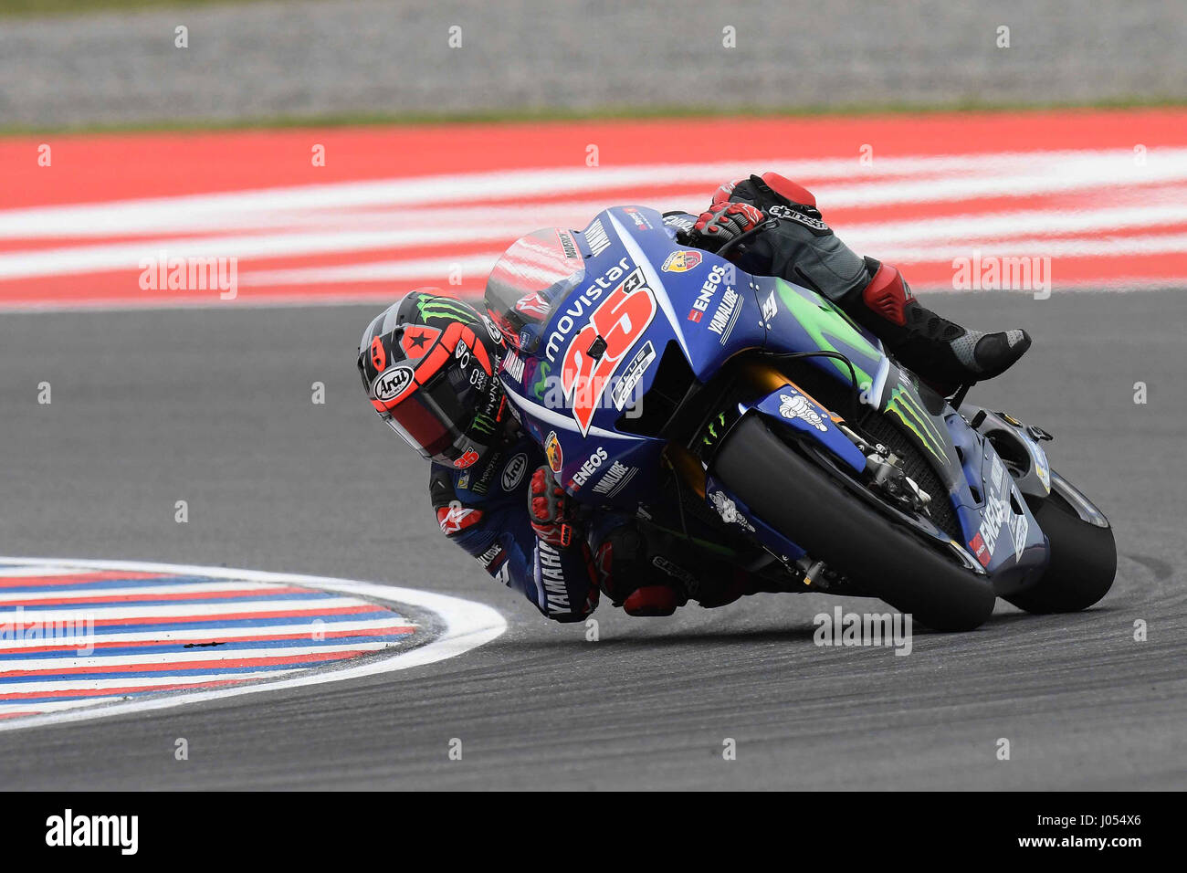 RIO HONDO-APRIL 9, Maverick Vinales of Spain and Movistar Yamaha MotoGP in action during the MotoGp Race of Argentina - Race on April 9, 2017 in Rio Hondo, Argentina.  (Photo by Marco Iorio) Stock Photo