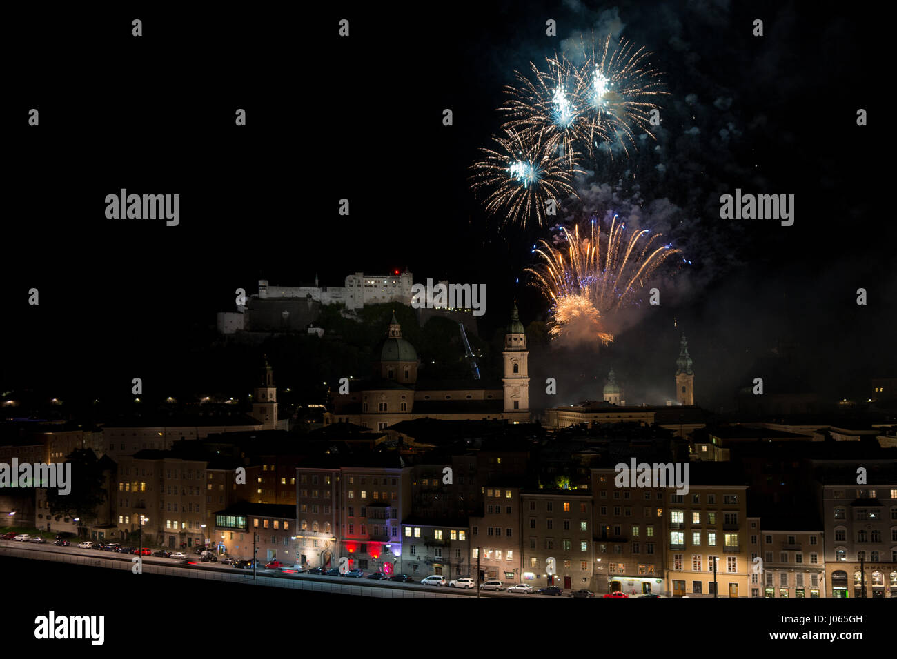 Fireworks light up the sky above the city of Salzburg, Austria. Stock Photo