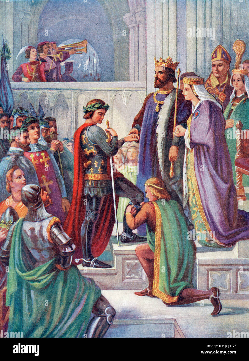 The Investiture of Edward the Black Prince as a Kinght of the Garter, 1346. Edward of Woodstock , 1330 – 1376, called the Black Prince because of his black armour.  Eldest son of King Edward III and the father of King Richard II of England.   From Hutchinson's History of the Nations, published 1915. Stock Photo