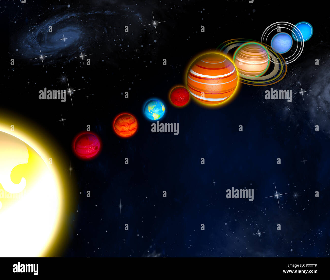 Solar system planets diameter sizes and orbits. Children book, drawings Stock Photo