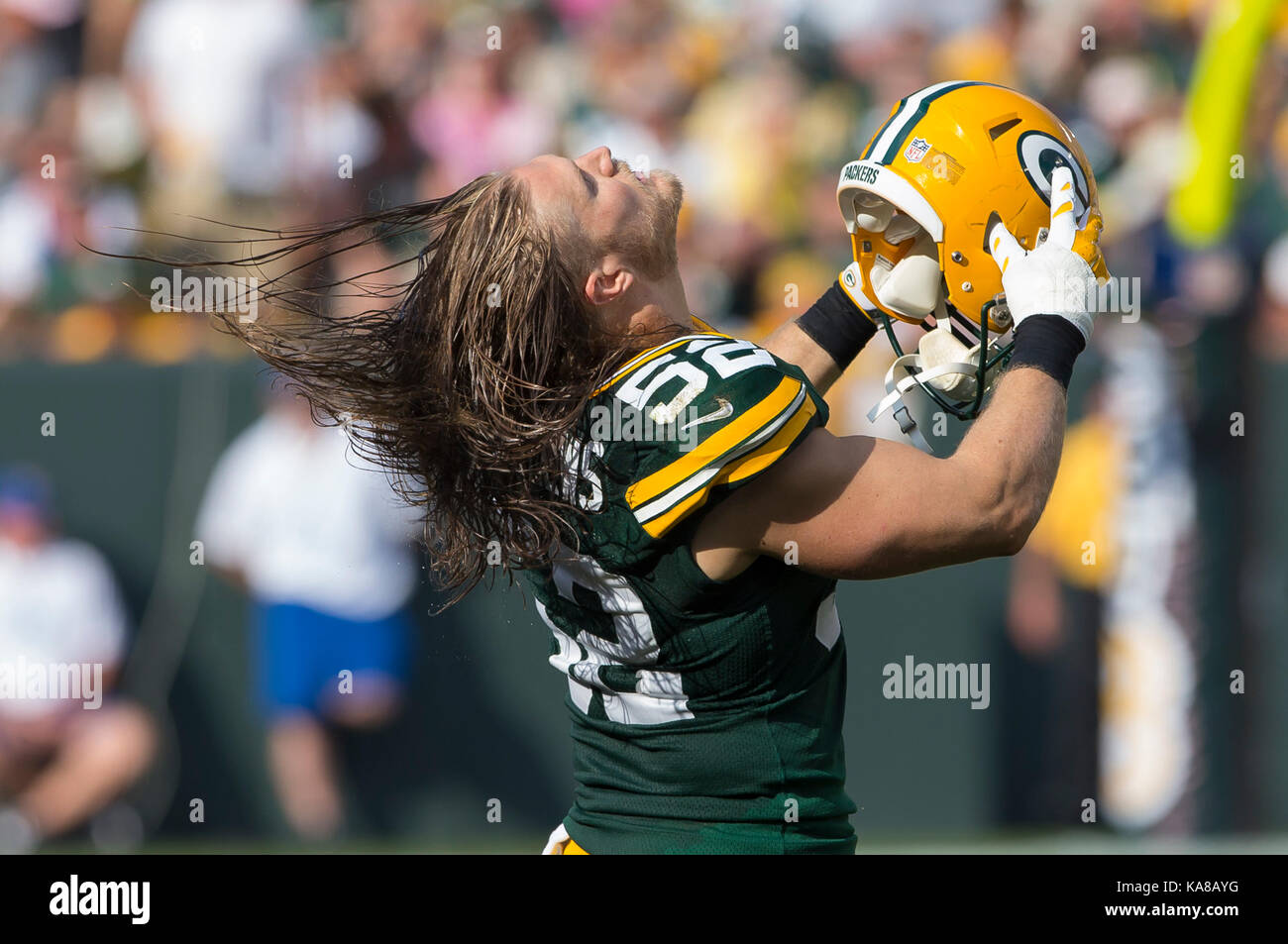 Green Bay, USA. 24th Sep, 2017. Green Bay Packers outside linebacker Clay Matthews #52 during the NFL Football game between the Cincinnati Bengals and the Green Bay Packers at Lambeau Field in Green Bay, WI. Green Bay defeated Cincinnati in overtime 27-24. John Fisher/CSM Stock Photo