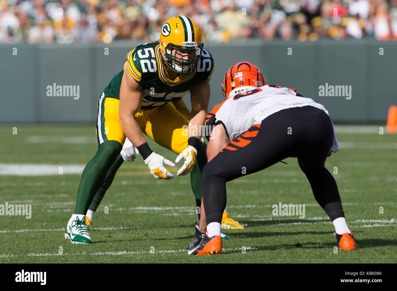 September 24, 2017: Green Bay Packers outside linebacker Clay Matthews #52 during the NFL Football game between the Cincinnati Bengals and the Green Bay Packers at Lambeau Field in Green Bay, WI. Green Bay defeated Cincinnati in overtime 27-24. John Fisher/CSM Stock Photo