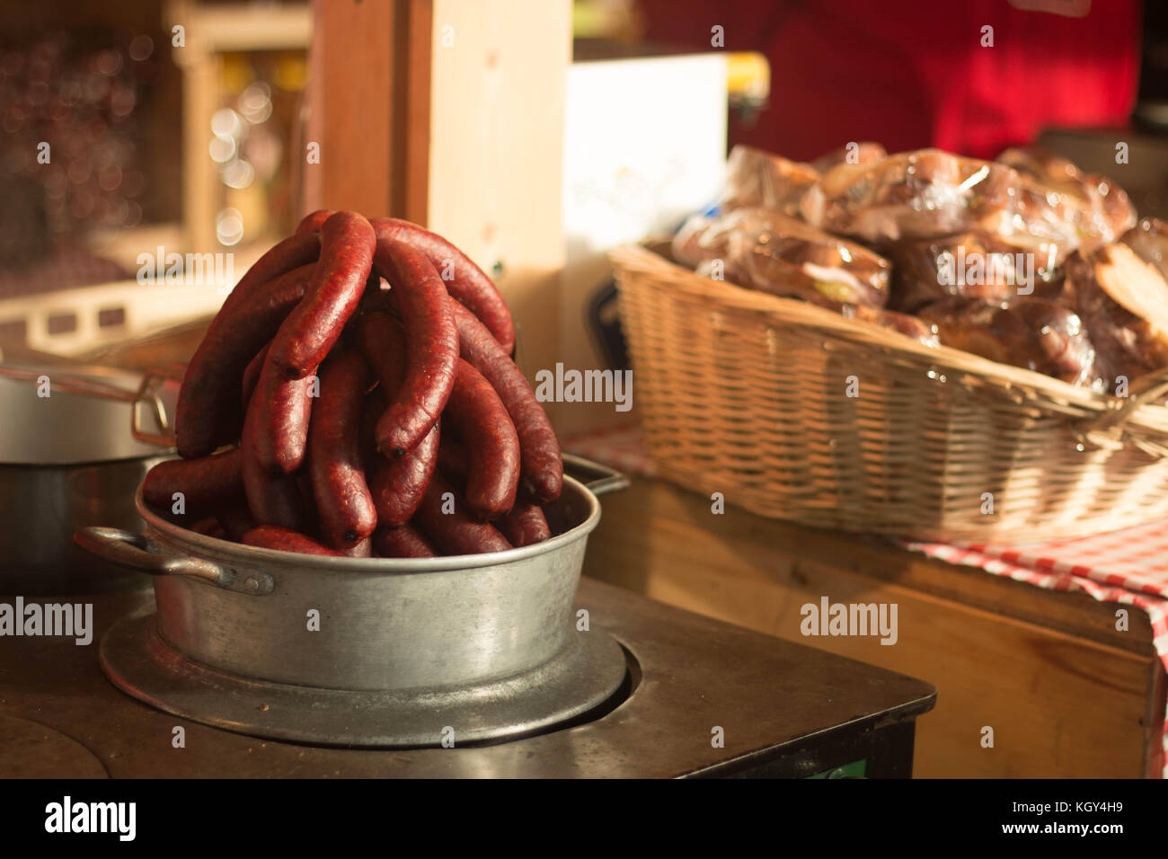 Wurstel and sausages on sale at Zurich christmas market, Swiss. Stock Photo