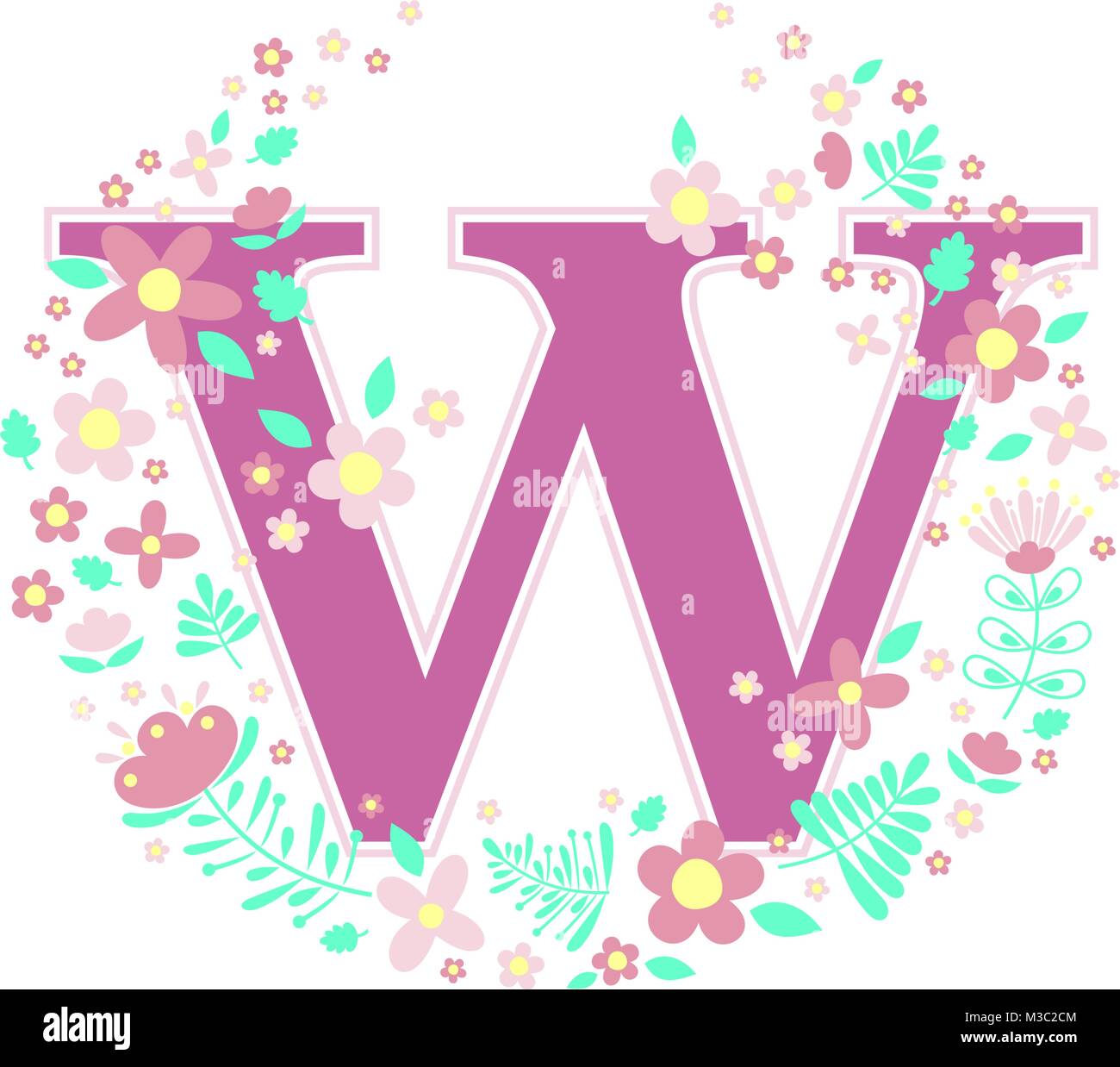 initial letter w with decorative flowers and design elements isolated on white background. can be used for baby name, nursery decoration, spring theme Stock Vector