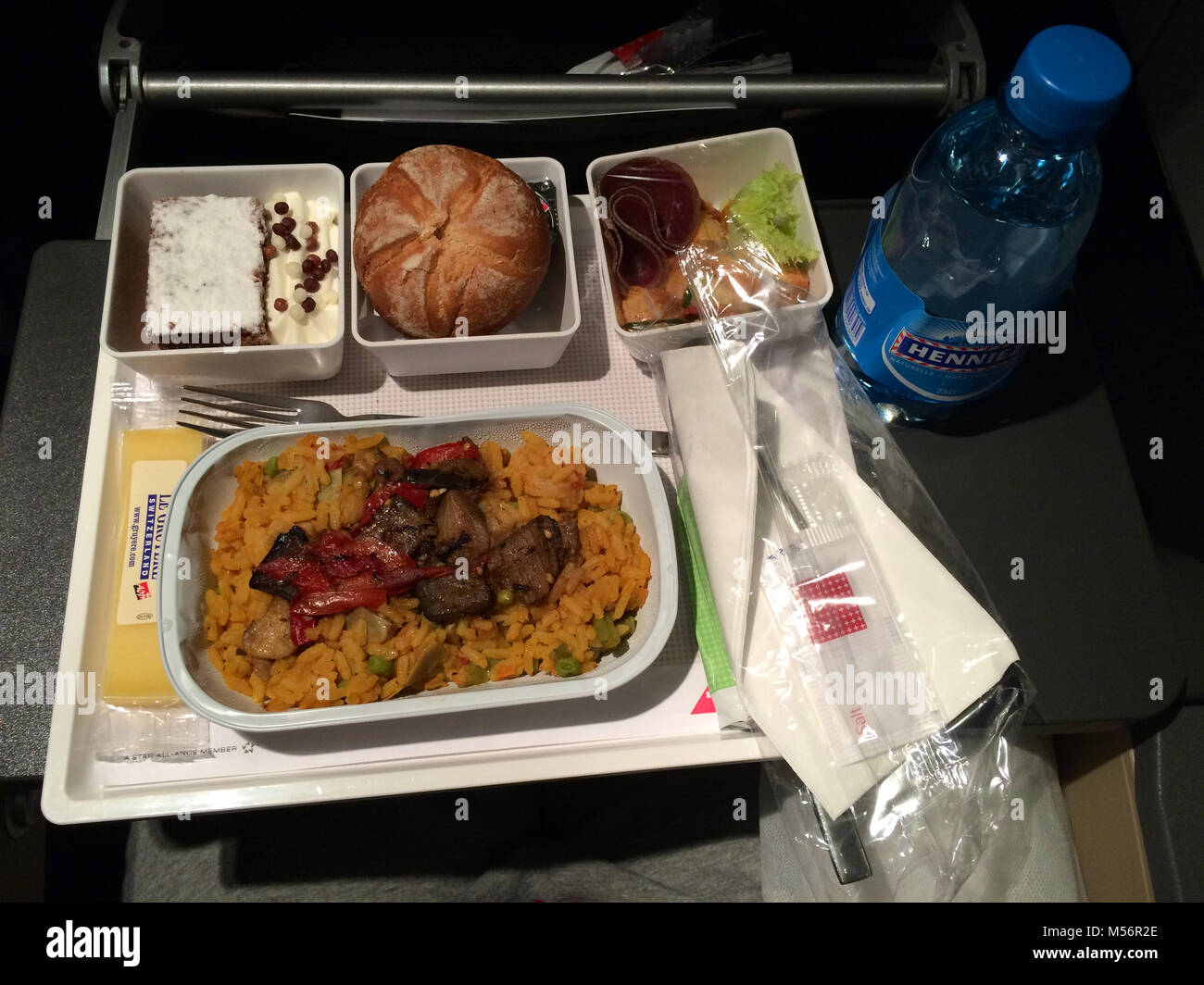 ZURICH, SWITZERLAND - MAR 31st, 2015: In flight hot meal of SWISS international airline in economy class, dinner meal Stock Photo