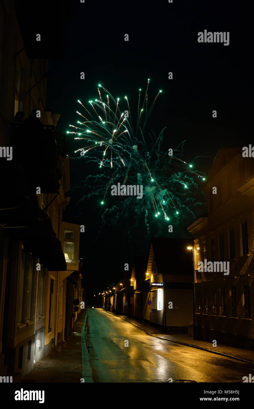 Fireworks in sky, celebration of Valborgsmässoafton in Sweden'Walburgs night' Stock Photo