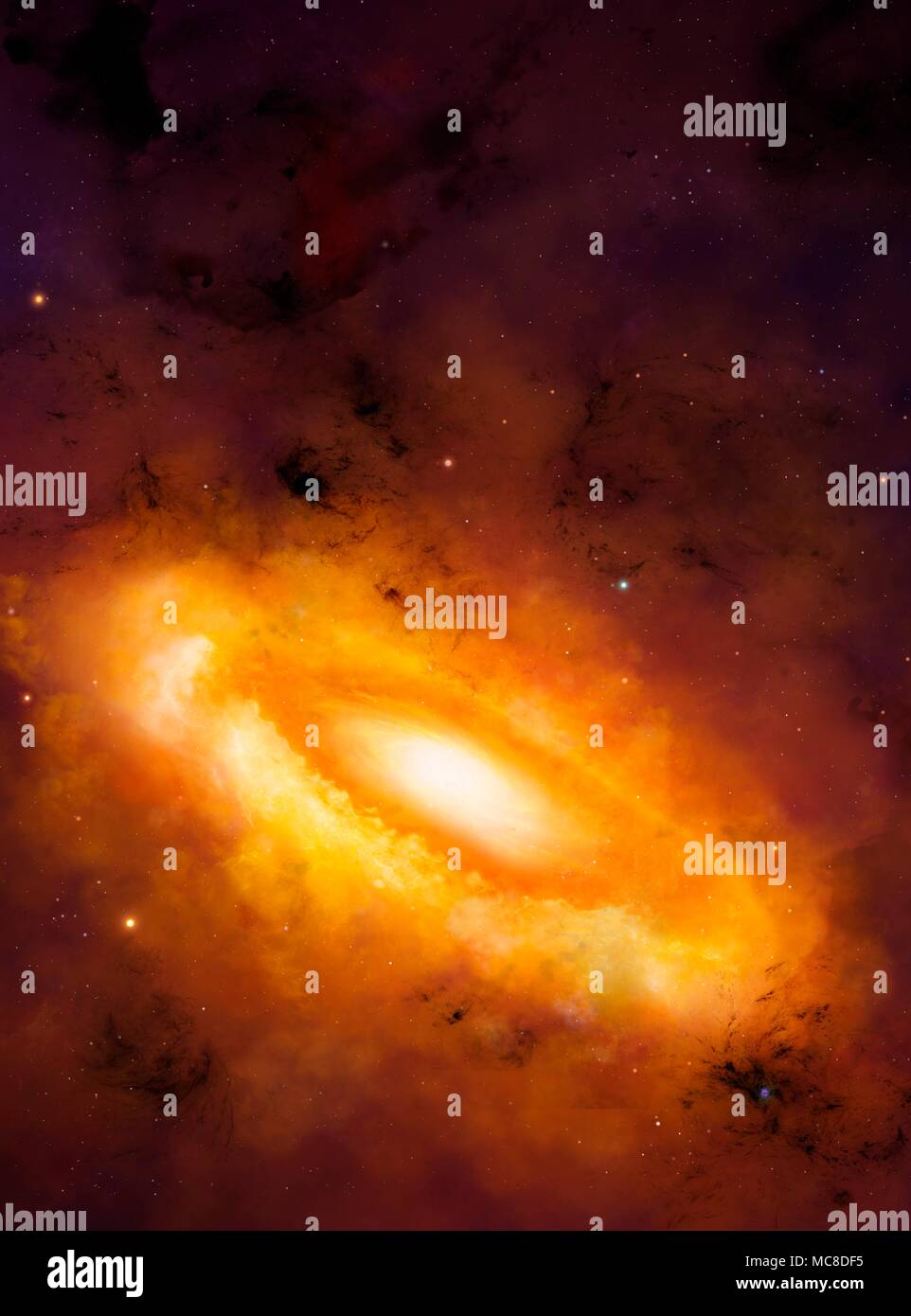 Planetary system formation. Illustration of a primordial nebula (solar nebula, in the case of the Sun) surrounding a newborn star (centre). The Sun was formed in this way as gas coalesced until it was dense enough and hot enough to begin the nuclear reactions that sustain a star. The solar nebula, originally a sphere of gas, dust and rock, became a disc that eventually, under gravity, coalesced into planets. Some planets are already seen forming in the disc (red glows), carving out distinct gaps as they attract material in their orbits. Stock Photo