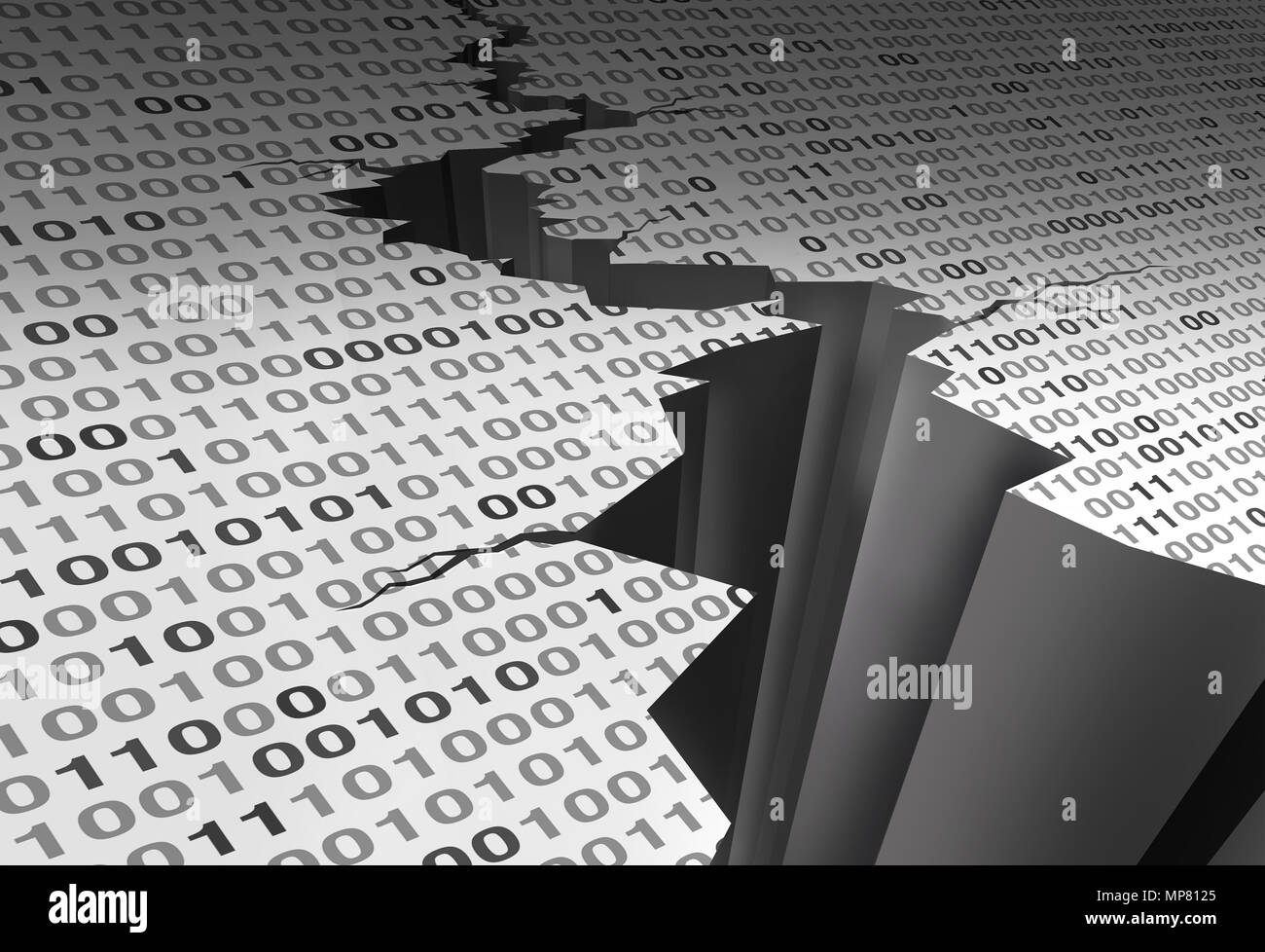 Data crack and damaged computer digital software code as a 3D illustration. Stock Photo