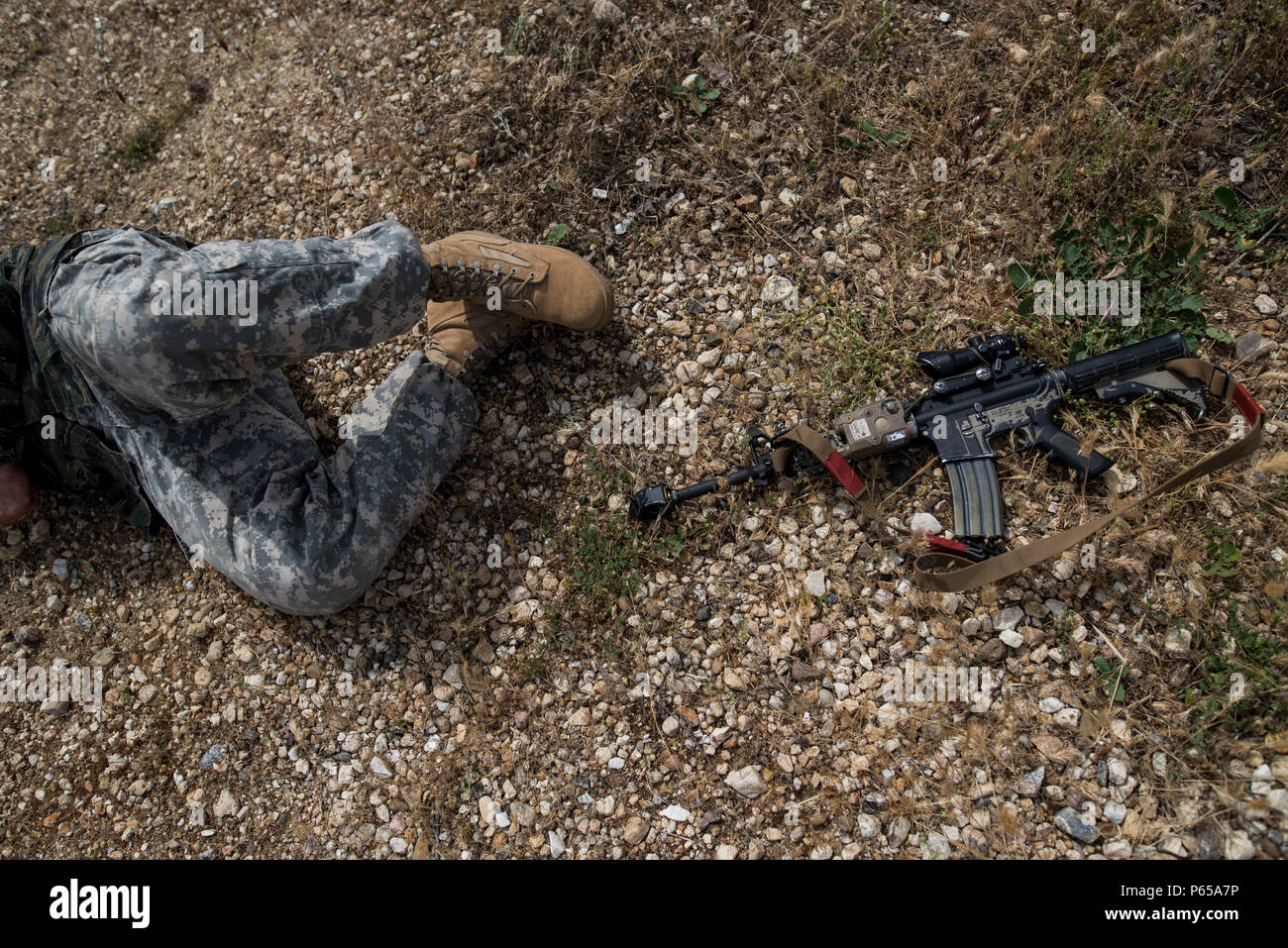 A role-playing enemy combatant is killed during a counter-IED training lane at Fort Hunter-Liggett, California, May 3. Approximately 80 units from across the U.S. Army Reserve, Army National Guard and active Army are participating in the 84th Training Command's second Warrior Exercise this year, WAREX 91-16-02, hosted by the 91st Training Division at Fort Hunter-Liggett, California. (U.S. Army photo by Master Sgt. Michel Sauret) Stock Photo