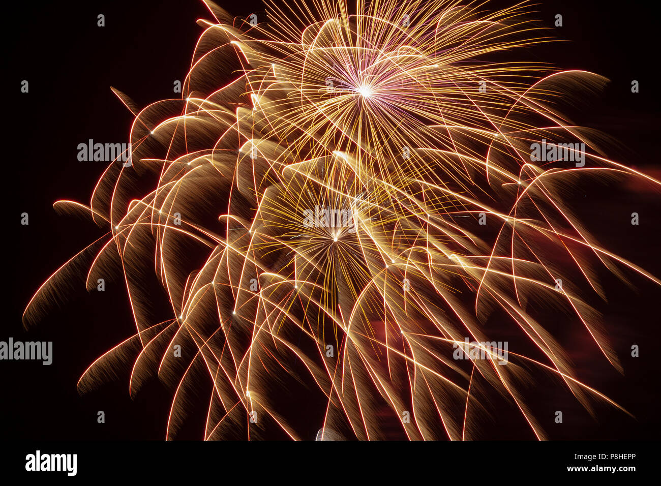 Fireworks on the Fourth of July in The Woodlands, Texas. Stock Photo