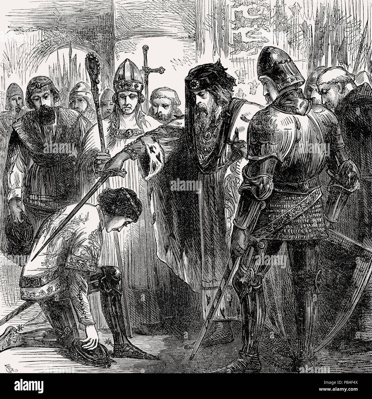 King Edward III knighting Edward of Woodstock, The Black Prince in 1346, From British Battles on Land and Sea, by James Grant Stock Photo