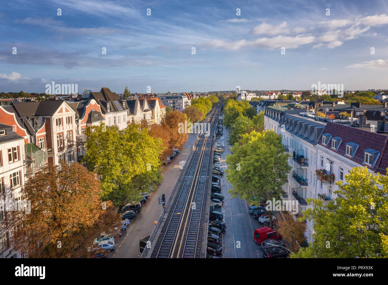 elevated railway in uptown district Harvestehude Stock Photo