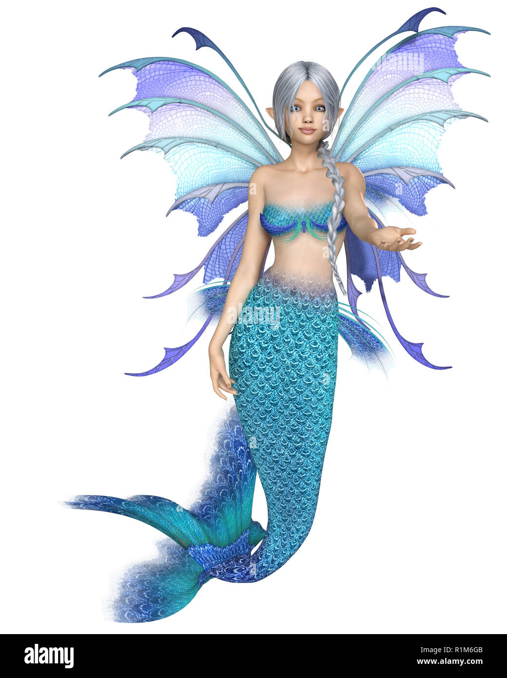 Bright Blue Fantasy Mermaid Fairy, Beckoning Stock Photo