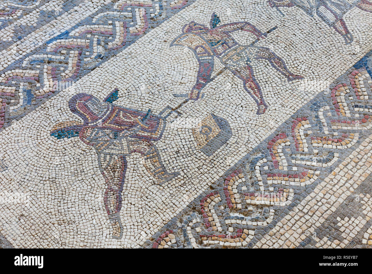 England, West Sussex, Bignor, Bignor Roman Villa, The Venus Room, Mosaic depicting Gladiators Stock Photo