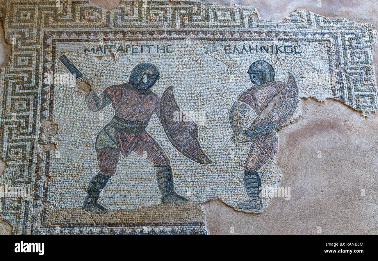 Ground mosaic, house of the gladiators, excavation site, Kourion, Cyprus, Bodenmosaik, Haus der Gladiatoren, Ausgrabungsstaette, Zypern Stock Photo