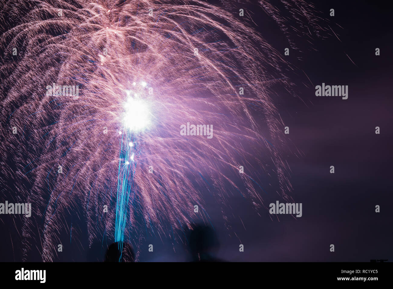 Fireworks are a class of low explosive pyrotechnic devices used for aesthetic and entertainment purposes. Stock Photo