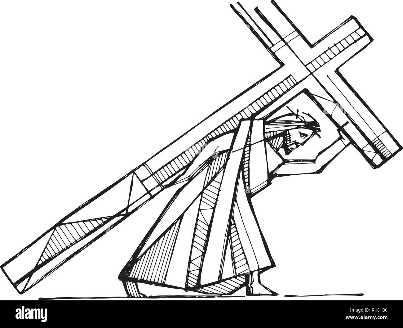 Hand drawn vector illustration or drawing of Jesus Christ carrying the Cross Stock Vector