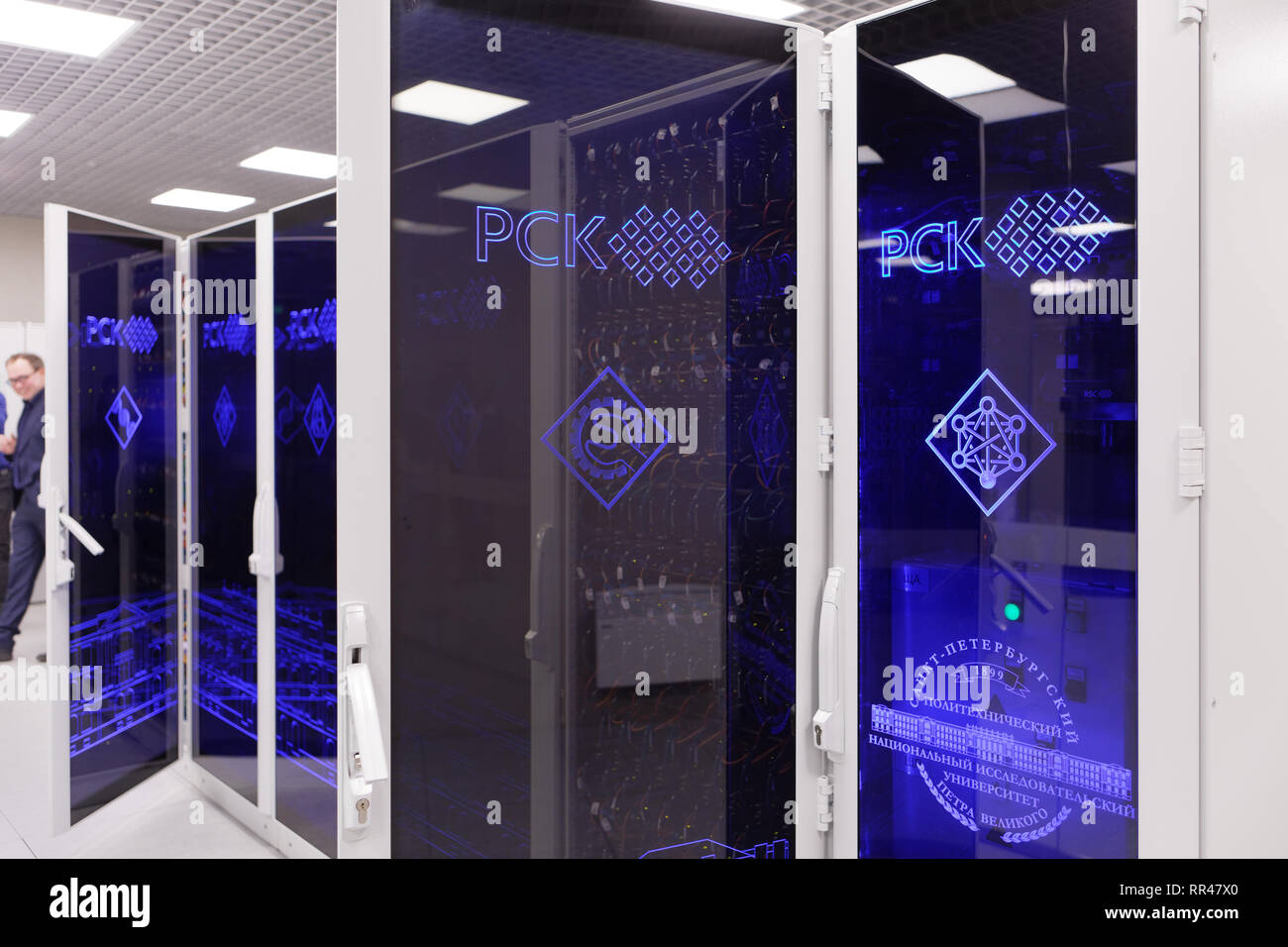 St. Petersburg, Russia - February 18, 2019: Open cabinet of supercomputer installed by RSC company in the supercomputer center of Peter the Great Sain Stock Photo