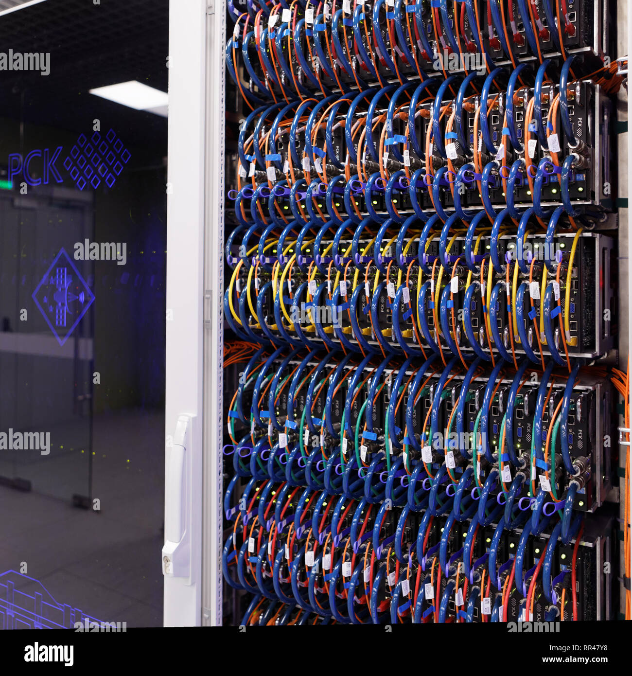 St. Petersburg, Russia - February 18, 2019: Closeup of a rack of supercomputer with cables and light indicators in the supercomputer center of Peter t Stock Photo