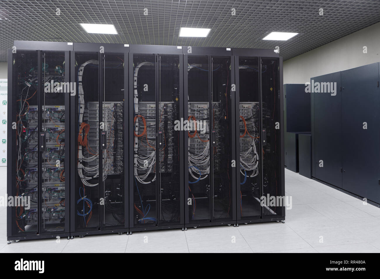 St. Petersburg, Russia - February 18, 2019: Cabinets of supercomputer installed by RSC company in the supercomputer center of Peter the Great Saint-Pe Stock Photo