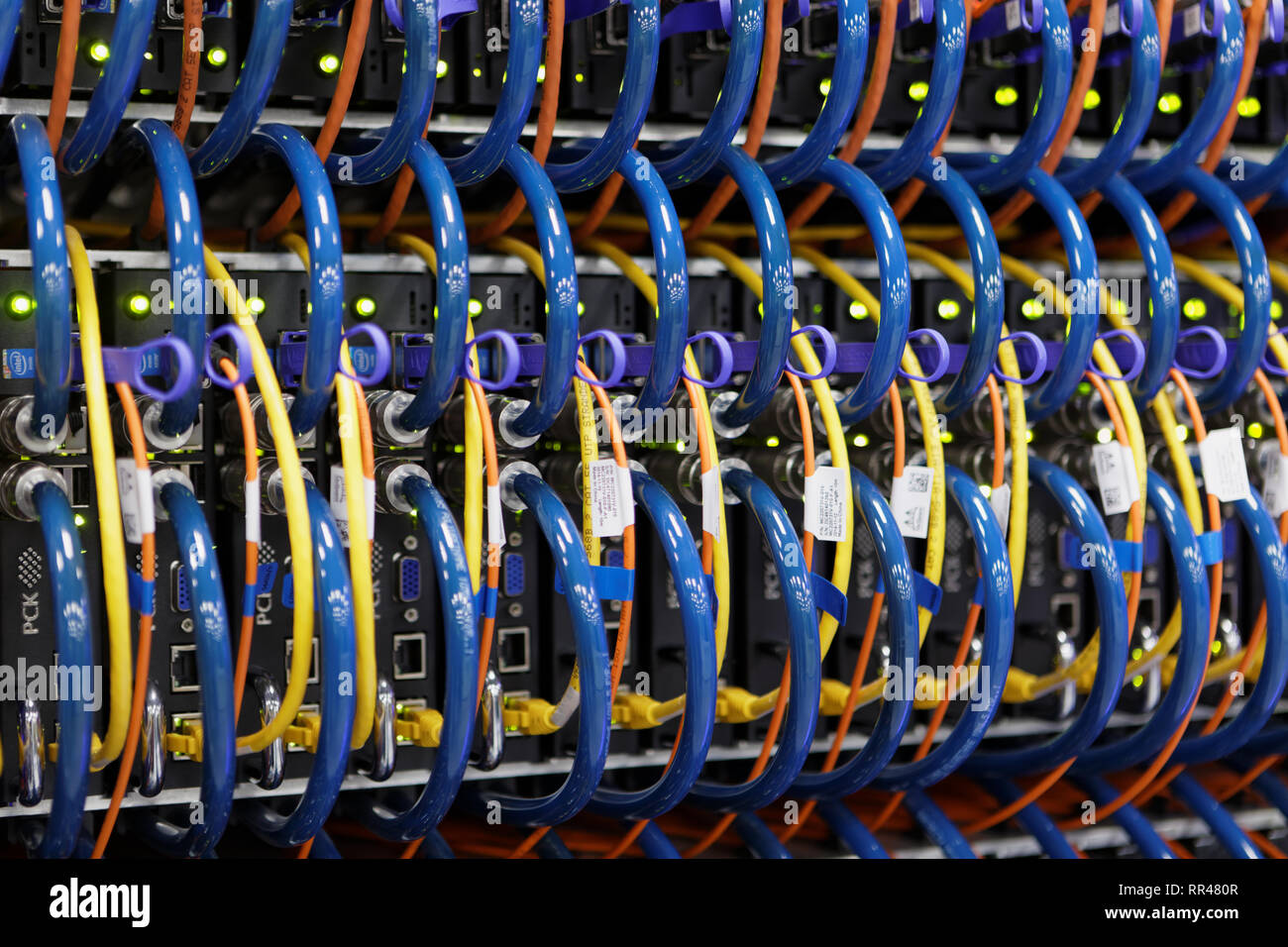 St. Petersburg, Russia - February 18, 2019: Closeup of a rack of supercomputer with cables and light indicators in the supercomputer center of Peter t Stock Photo