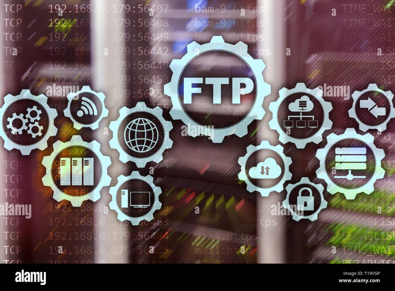 FTP. File Transfer Protocol. Network Transfer data to server on supercomputer background. Stock Photo