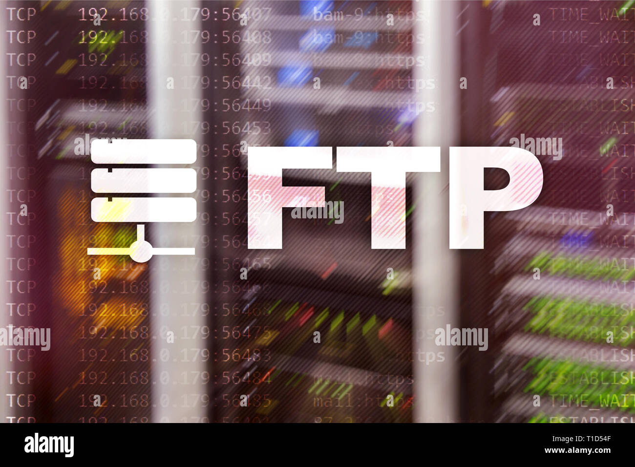 FTP. File Transfer Protocol. Network Transfer data to server on supercomputer background Stock Photo