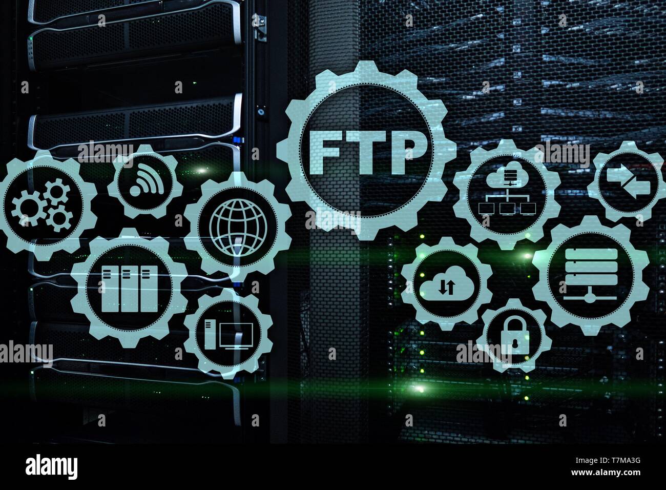 FTP. File Transfer Protocol. Network Transfer data to server on supercomputer background. Stock Photo