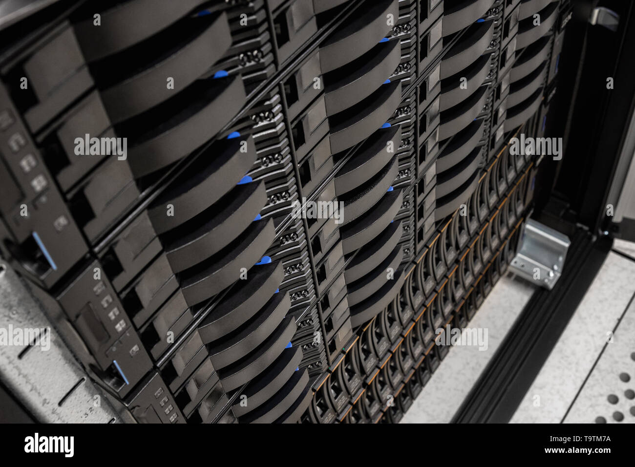 SAN Server Disk Cabinet In Rack At Datacenter Stock Photo