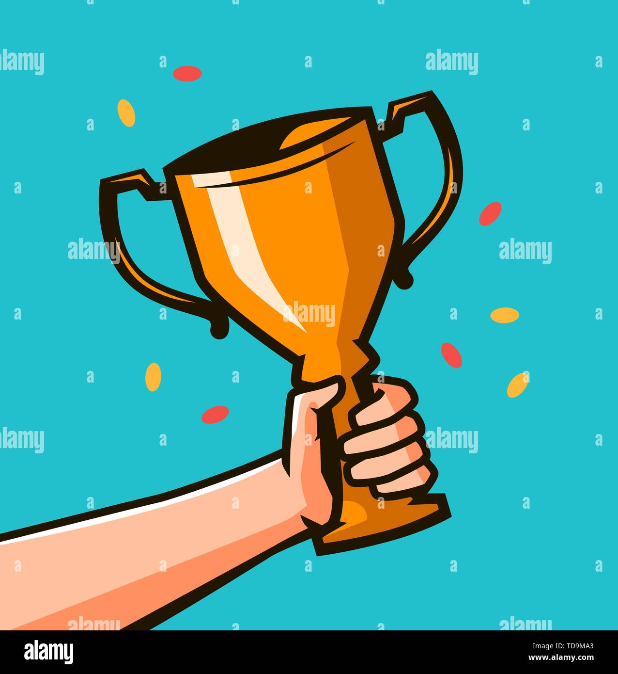 Hand holding winner's trophy award. Winning Gold cup in hands Stock Vector