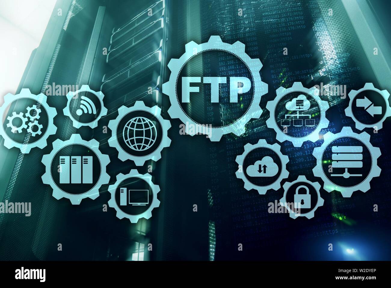 FTP. File Transfer Protocol. Network Transfer data to server on supercomputer background. Stock Photo