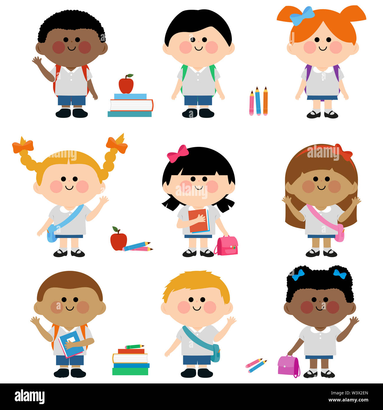 A happy diverse group of children students wearing uniforms, carrying backpacks, school bags and books. Stock Photo