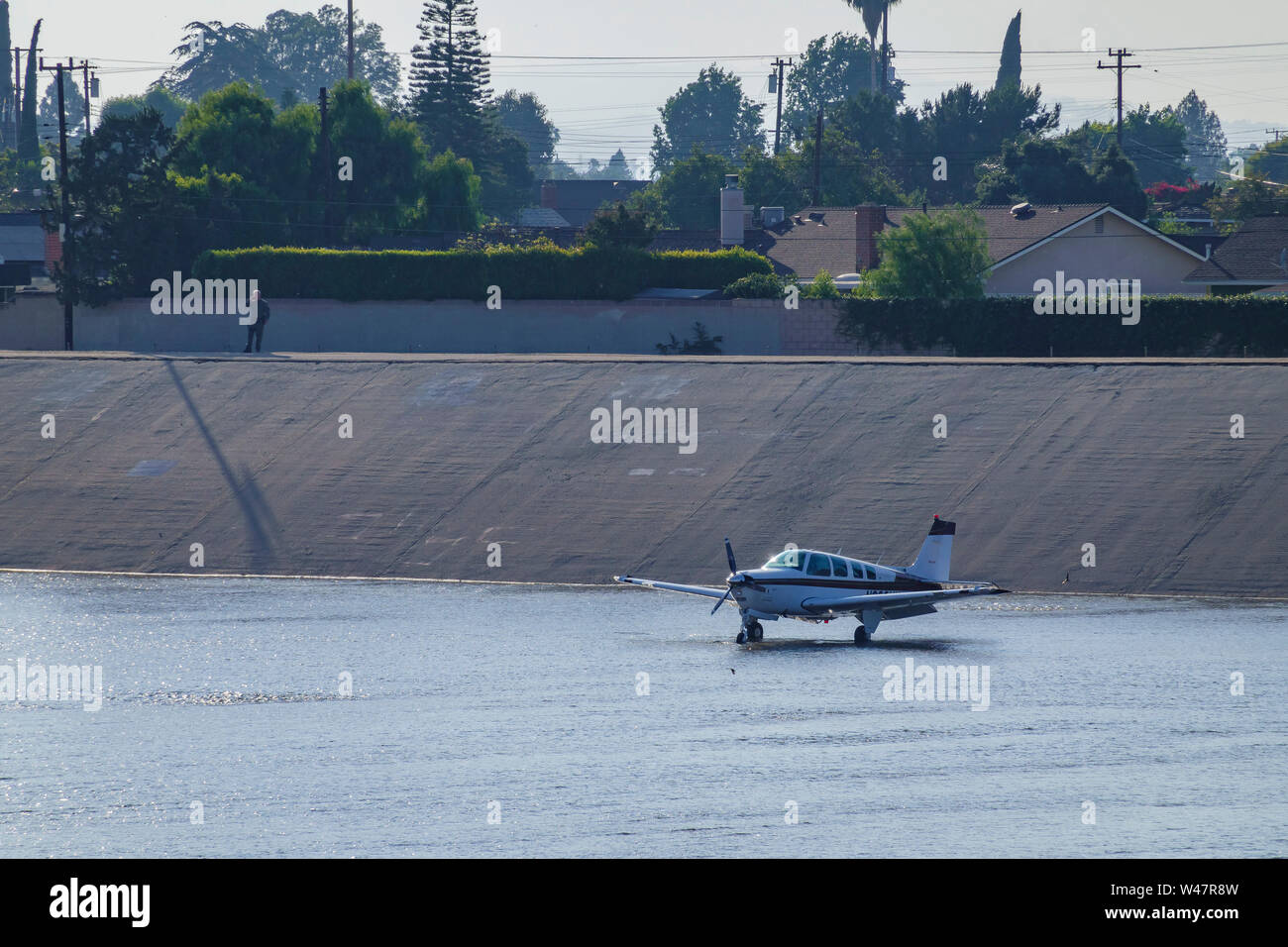 Airplane landed at Rio Hondo wash canal at El Monte, Los Angeles County Stock Photo