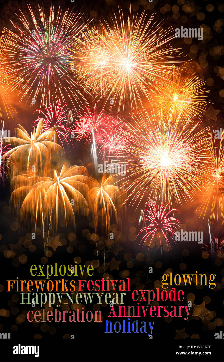 New Year Celebration with colorful fireworks. Fireworks are a class of explosive pyrotechnic devices used for aesthetic and entertainment purposes. Vi Stock Photo