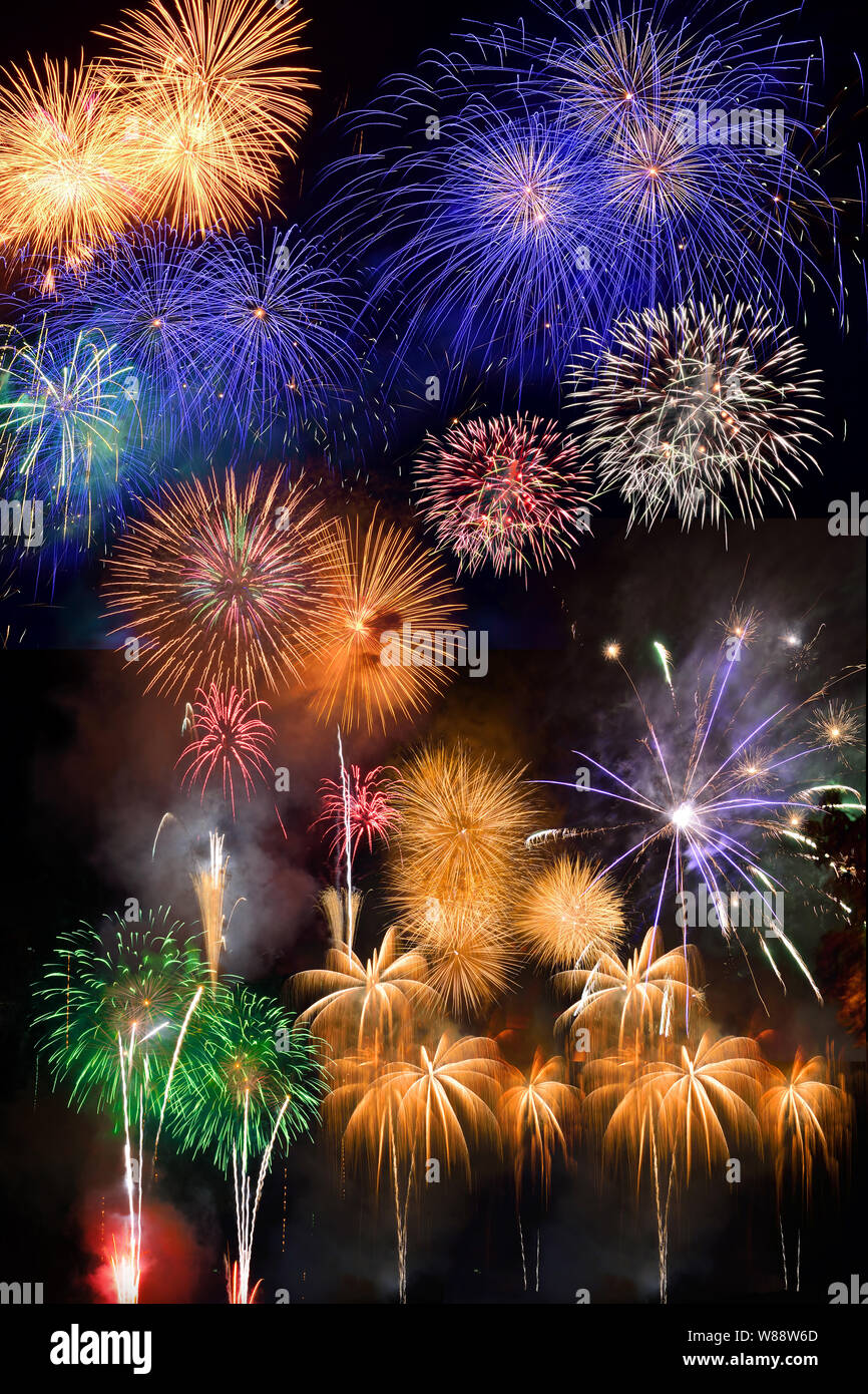 Colorful fireworks. Fireworks are a class of explosive pyrotechnic devices used for aesthetic and entertainment purposes. Visible noise due to low lig Stock Photo