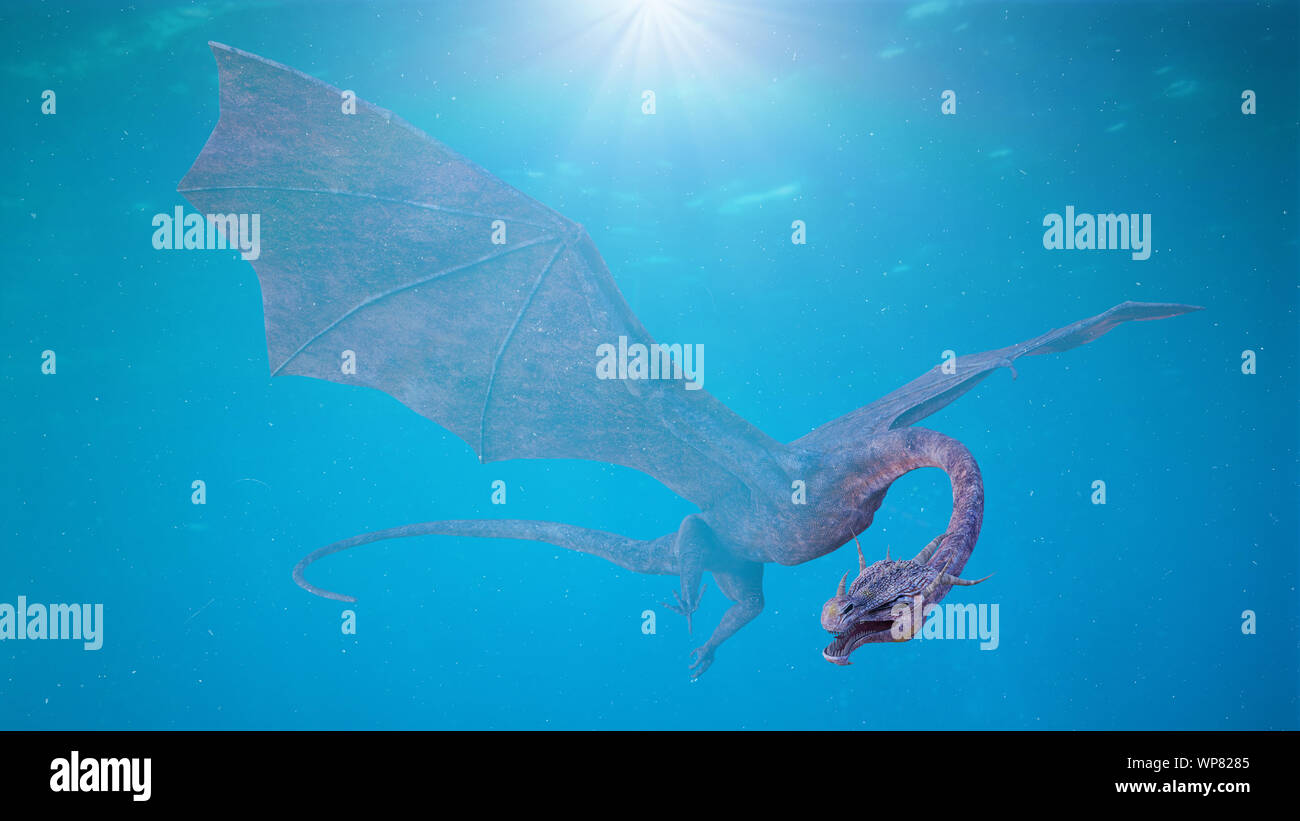 giant dragon, mythical creature is swimming in the ocean Stock Photo