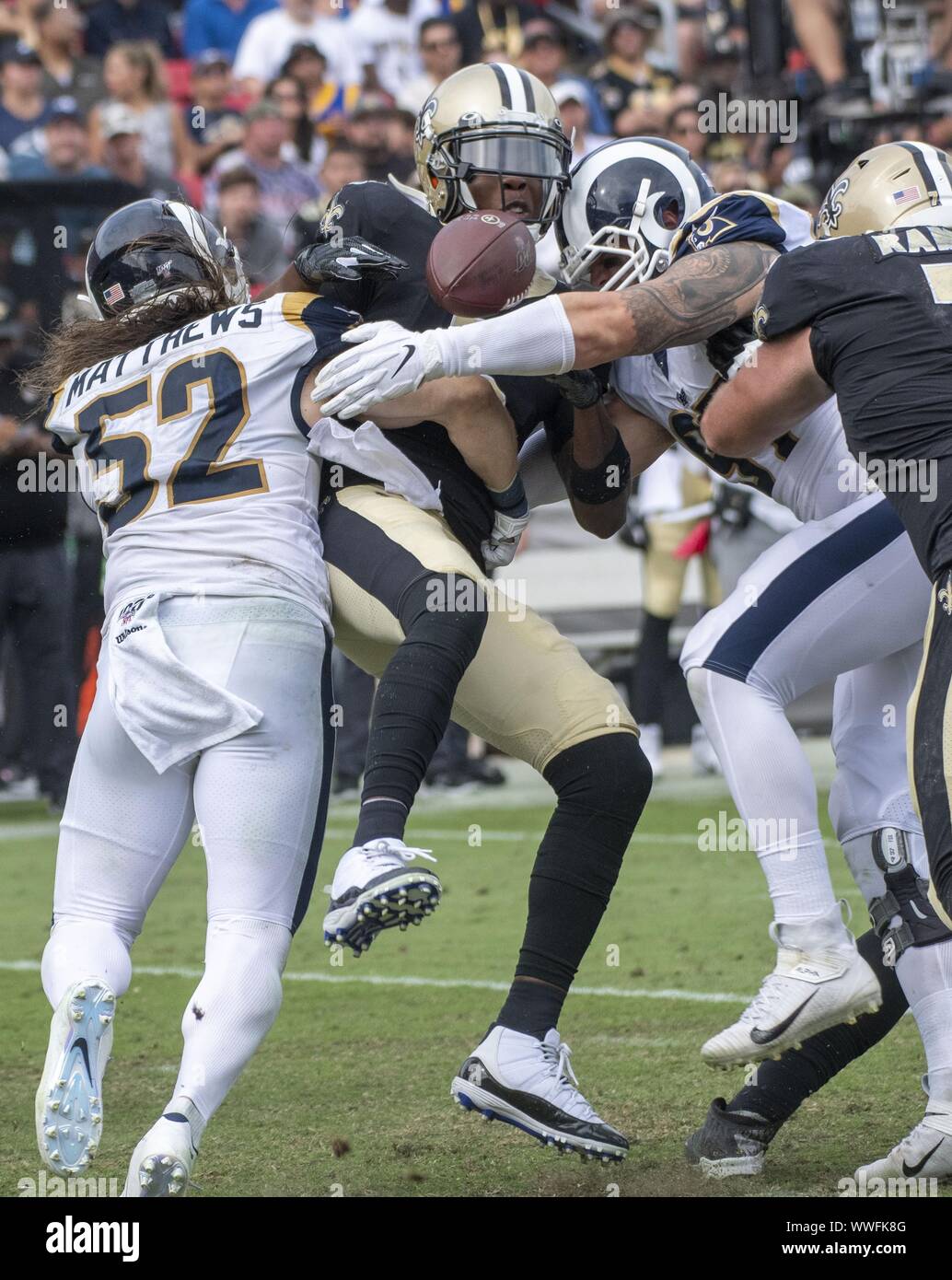 Los Angeles, United States. 15th Sep, 2019. Los Angeles Rams outside linebacker Clay Matthews (52) knocks the ball from New Orleans Saints quarterback Teddy Bridgewater (5) at the Los Angeles Memorial Coliseum in Los Angeles, California on Sunday, September 15, 2019. The Rams defeated the Saints 27 - 9 to open their home season. Photo by Michael Goulding/UPI Credit: UPI/Alamy Live News Stock Photo