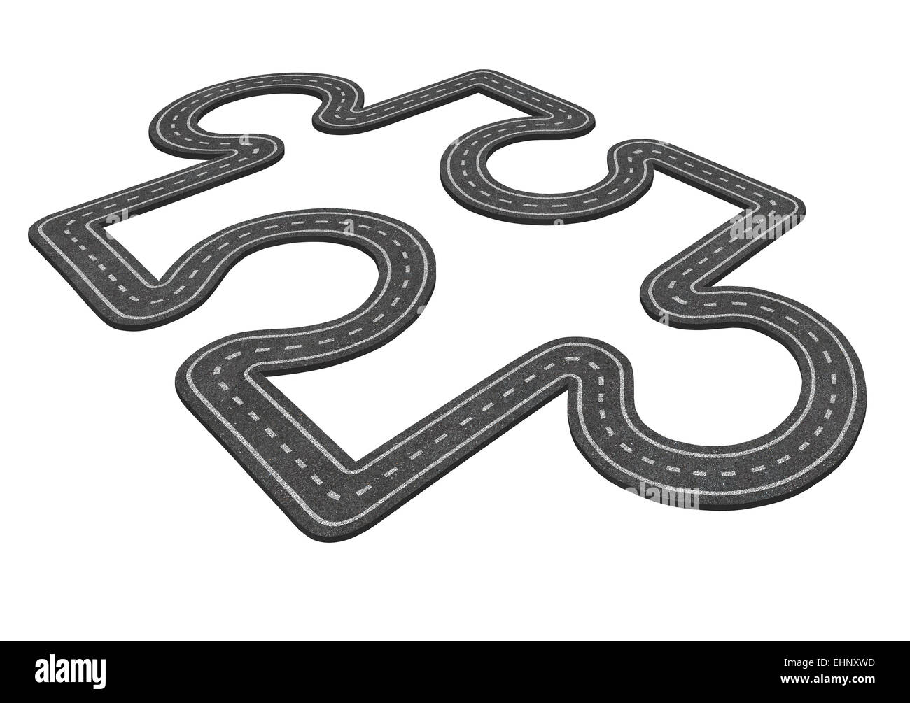 Puzzle-Offroad-Konzept als Transport-Symbol und Business Symbol für die wirtschaftliche Entwicklung als ein Asphalt-Highway, geformt wie ein Puzzlestück isoliert auf einem weißen Hintergrund. Stockfoto