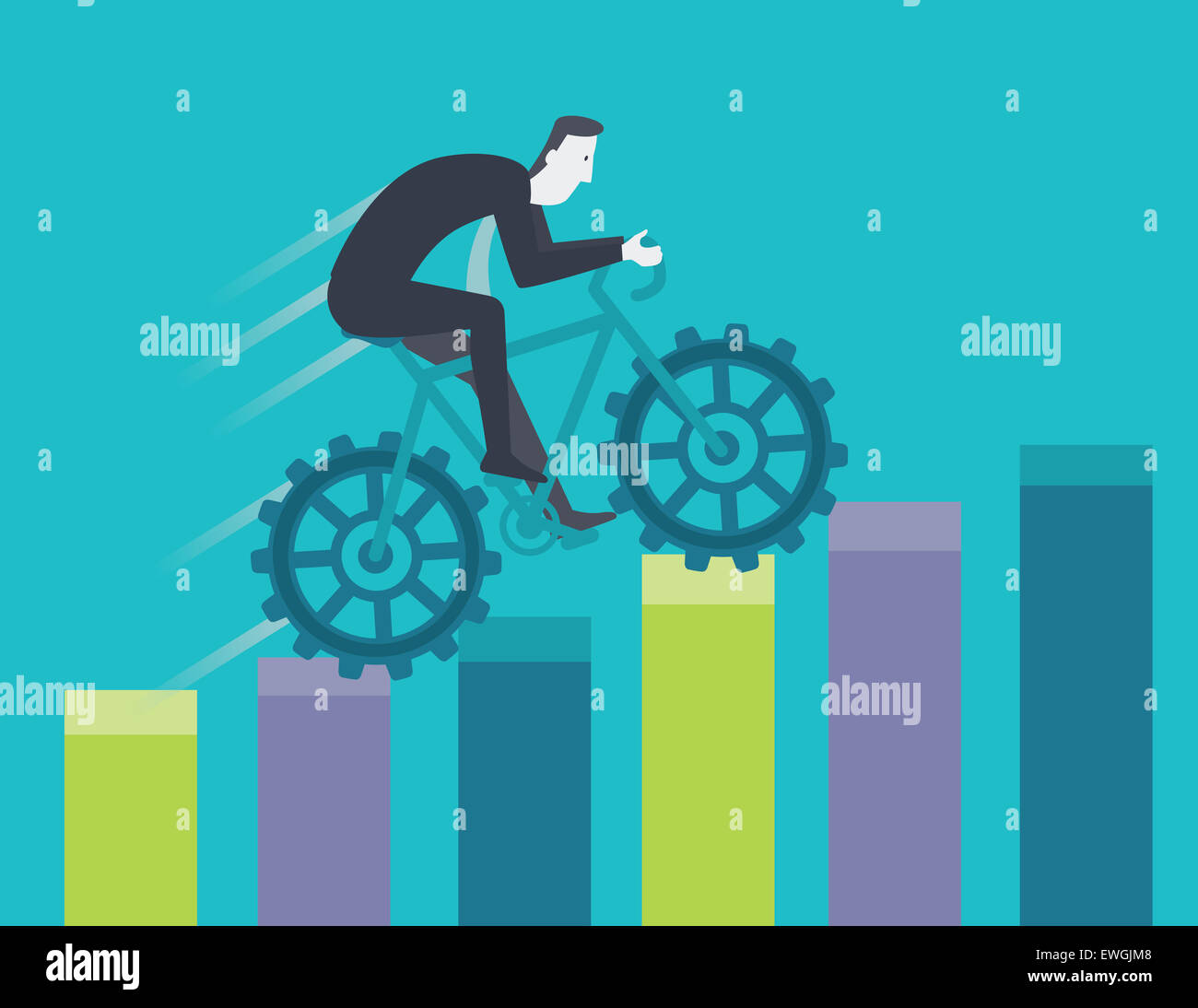 Wettbewerbsfähige Geschäftsmann Radfahren auf Balkendiagramm Training für Erfolg Stockfoto