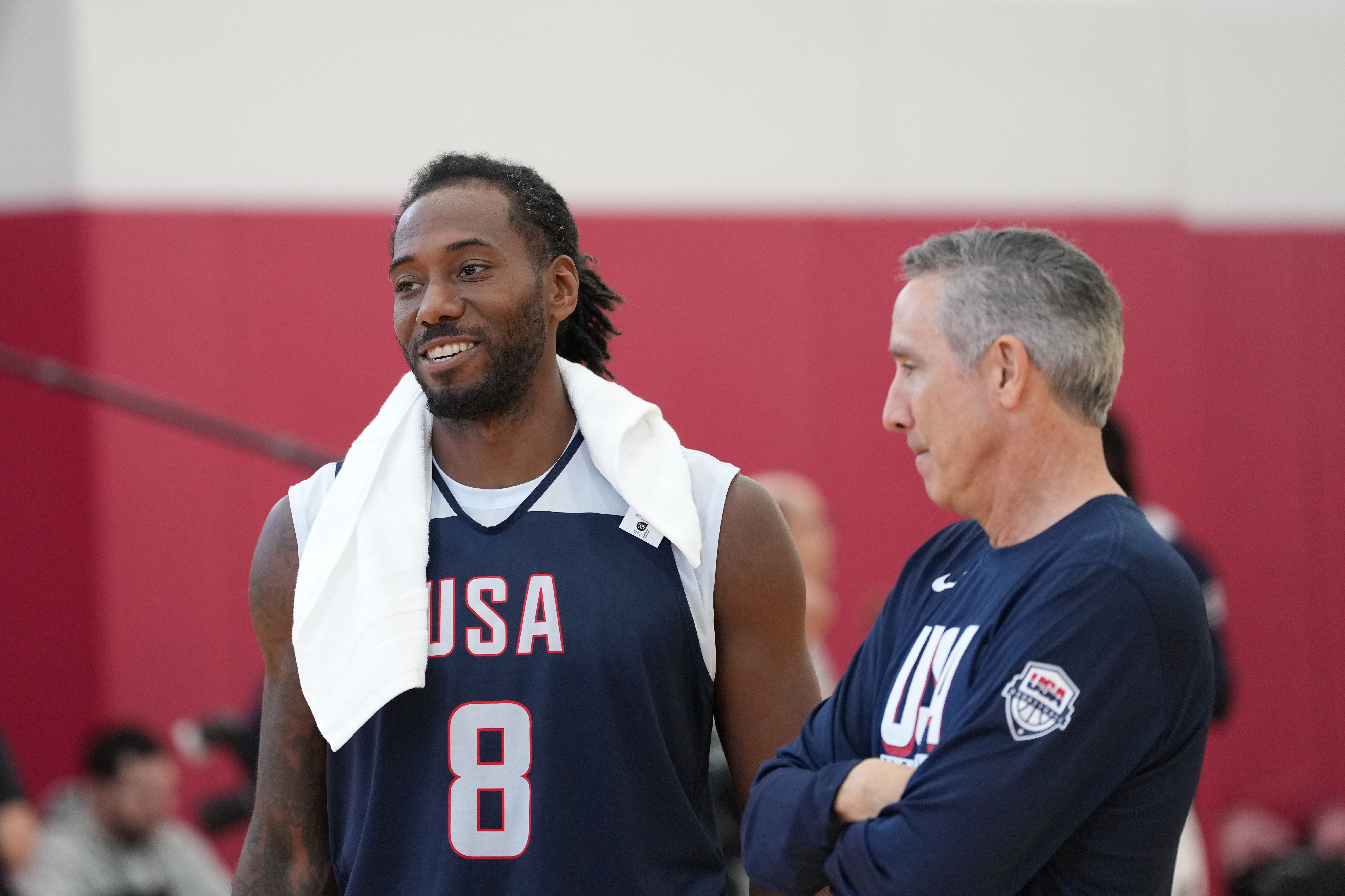 LAS VEGAS, NV - JULY 6: Kawhi Leonard #8 and Chip Engelland of the USA Basketball Men's Select Team smile during USAB Men's Training Camp in Las Vegas on July 06, 2024 in Las Vegas Nevada. NOTE TO USER: User expressly acknowledges and agrees that, by downloading and/or using this Photograph, user is consenting to the terms and conditions of the Getty Images License Agreement. Mandatory Copyright Notice: Copyright 2024 NBAE (Photo by Joe Amati/NBAE via Getty Images)