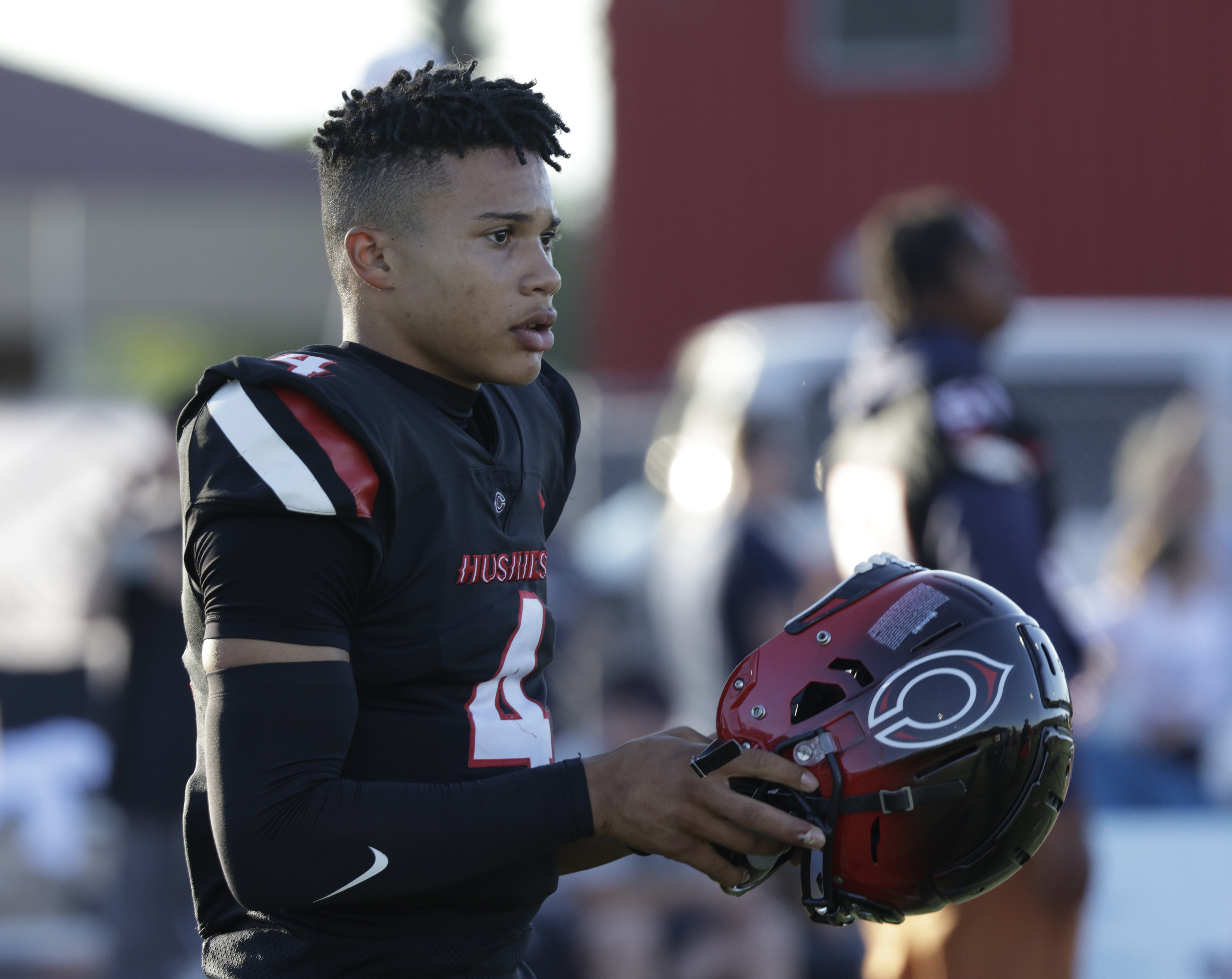 CORONA, CA - AUGUST 18: Corona Centennial quarterback Husan Longstreet during the season opener against Mater Dei at Corona Centennial High School on Friday, Aug. 18, 2023 in Corona, CA. (Myung J. Chun / Los Angeles Times)