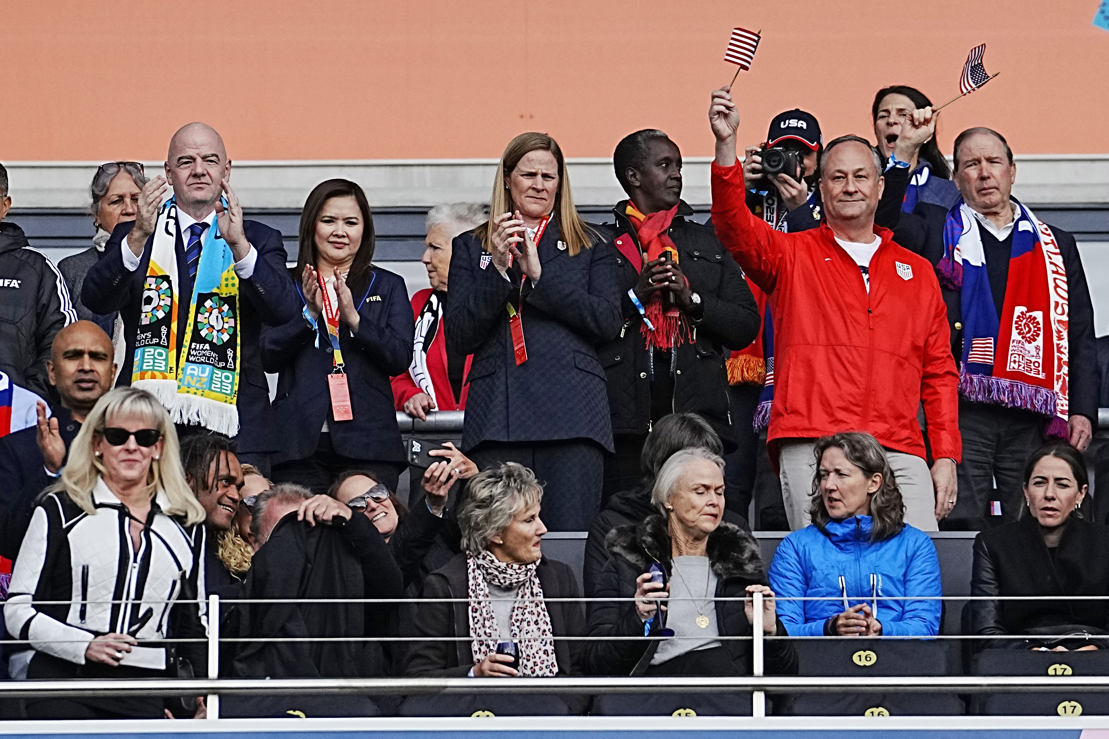 Second gentleman Doug Emhoff cheers on the U.S. team during the Women's World Cup in New Zealand on July 22