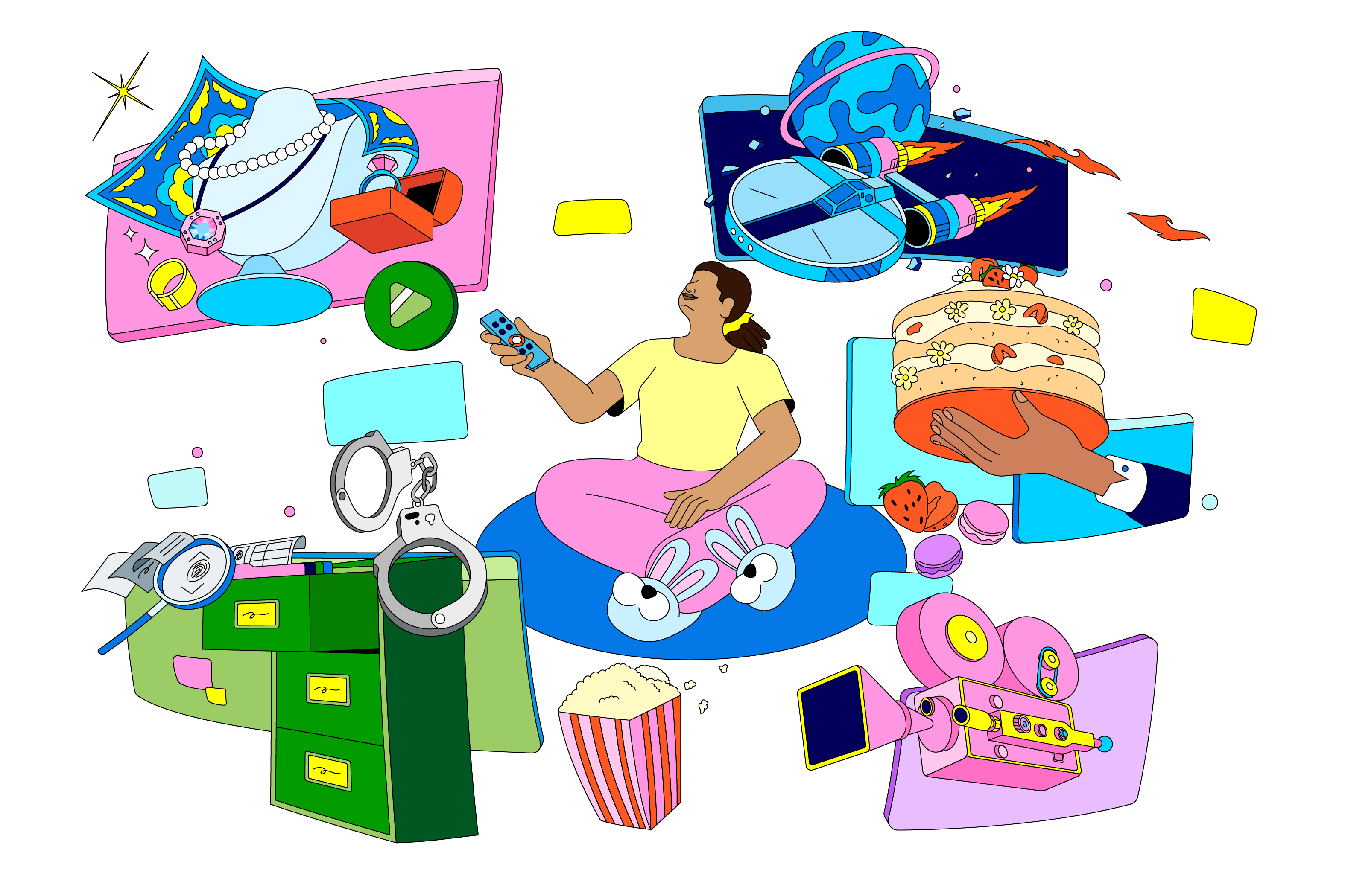 Illustration of a seated woman with remote control in hand, surrounded by various types of streaming content