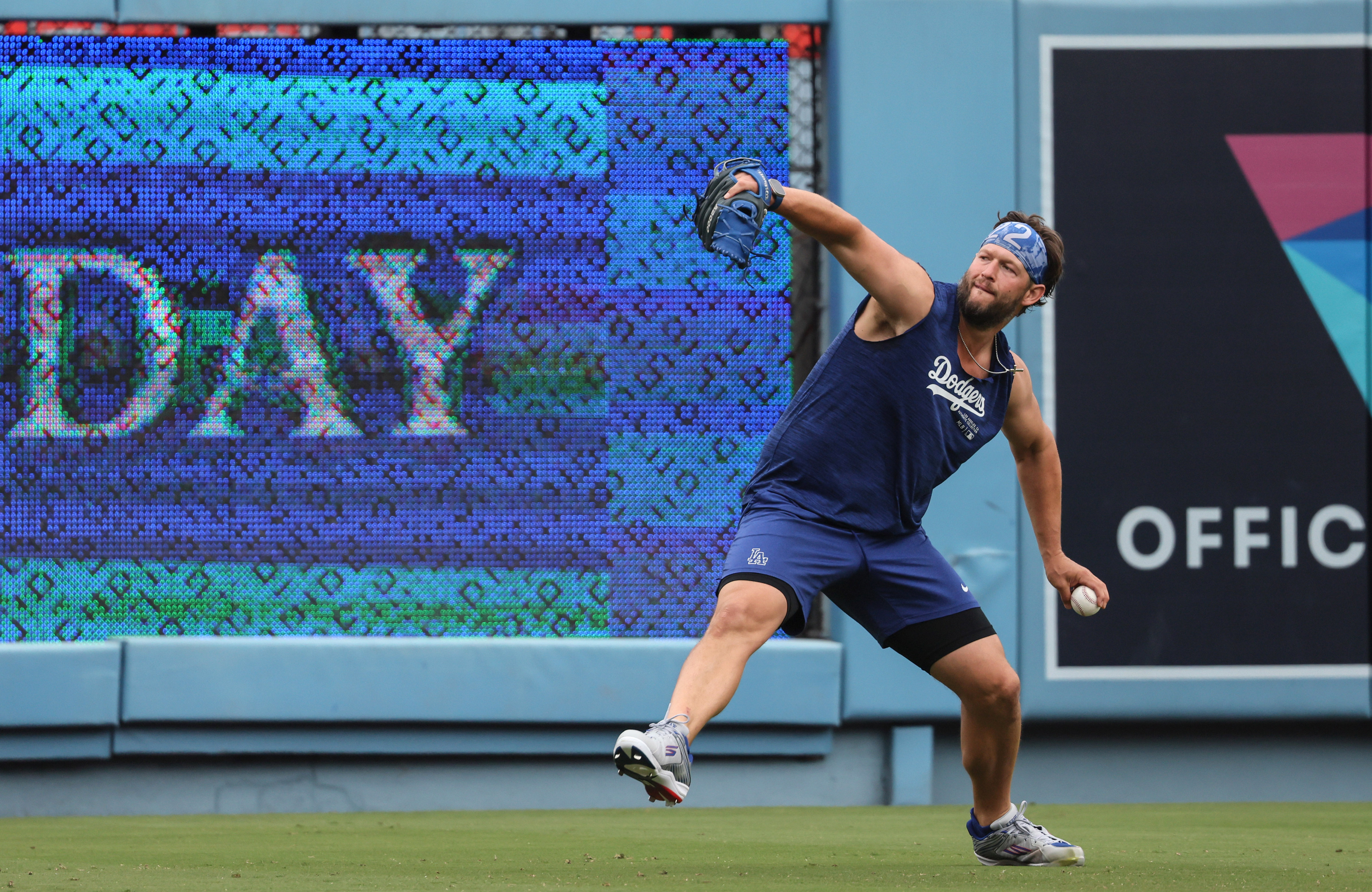 Los Angeles, CA, Sunday, June 2, 2024 - Dodgers pitcher Clayton Kershaw throws long toss.